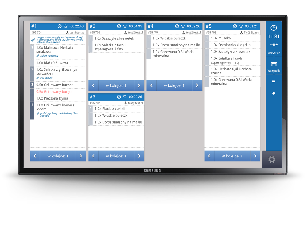 Ekran KDS (Kitchen Display System) w systemie POSbistro do komunikacji z kuchnią i zarządzania zamówieniami.