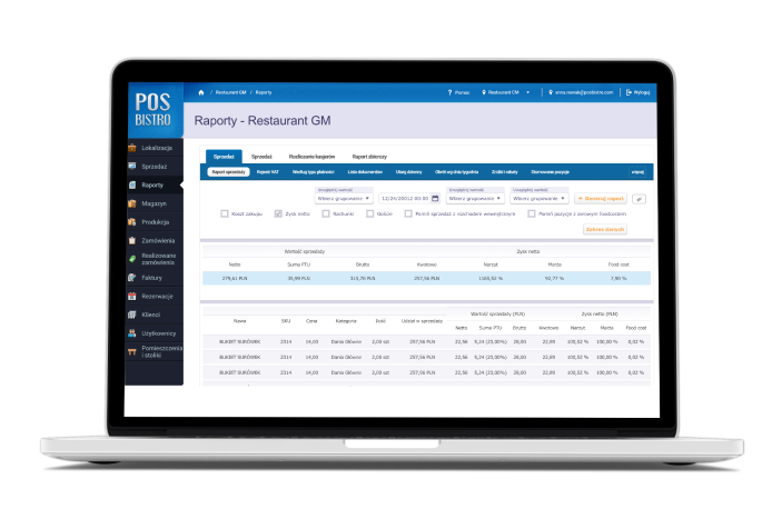 Przejrzyste raporty sprzedaży w systemie POSbistro wyświetlane na ekranie laptopa