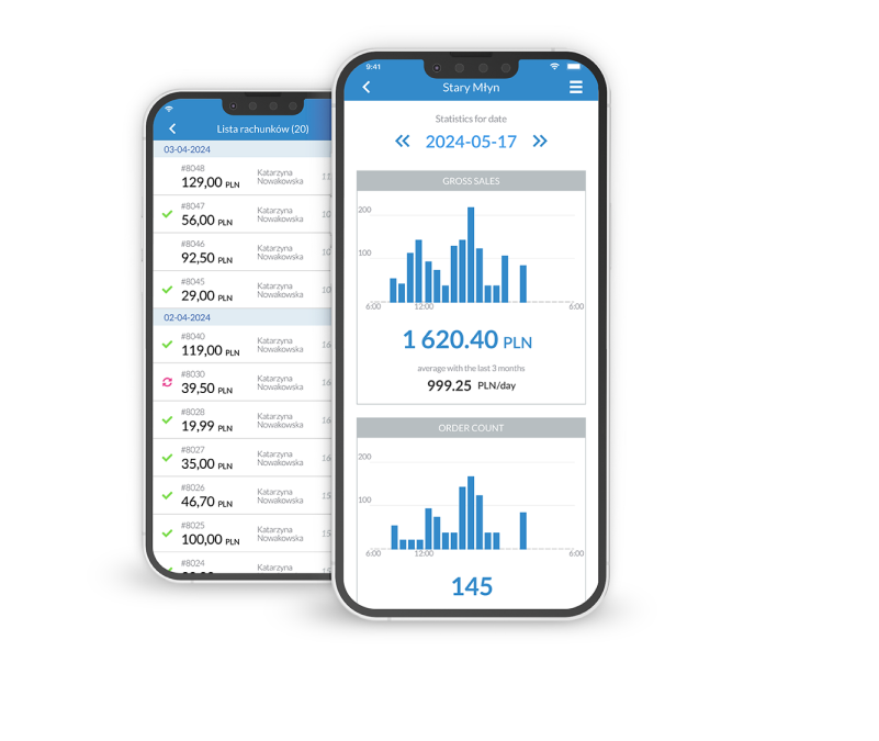 Widok aplikacji POSowner na dwóch ekranach smartfona, przedstawiający listę rachunków oraz wykresy statystyk sprzedaży w lokalu gastronomicznym.