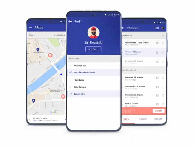 Widok aplikacji POSdriver dla kierowców na trzech ekranach telefonu