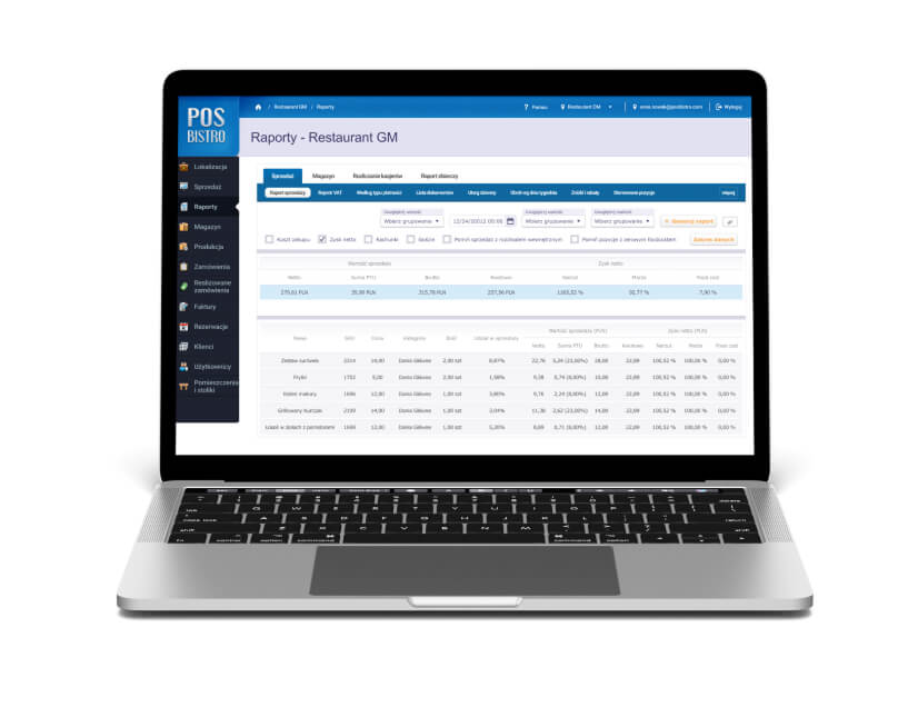 Widok panelu raportów magazynowych w systemie POSbistro na ekranie laptopa, umożliwiający analizę zapasów i kontrolę produktów.