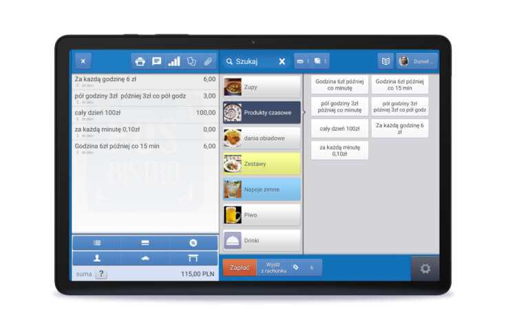 System POSbistro wyświetlający funkcję rozliczania usług czasowych