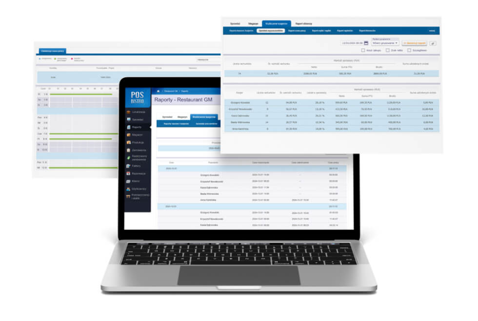 Raporty sprzedaży i harmonogramy pracy w systemie POSbistro wyświetlane na ekranie laptopa
