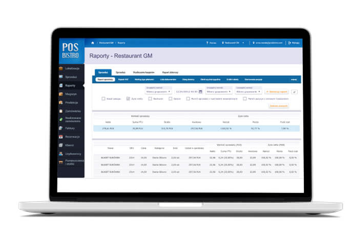 Przejrzyste raporty sprzedaży w systemie POSbistro wyświetlane na ekranie laptopa