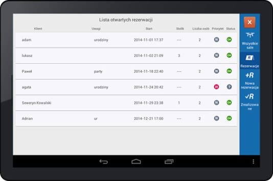 Lista rezerwacji w systemie POS do restauracji