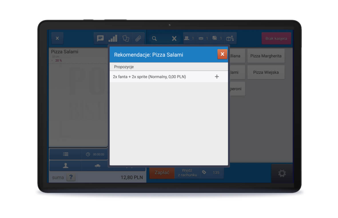 System POSbistro wyświetlający rekomendacje dodatkowych produktów przy zamówieniu