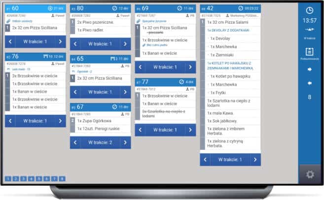 Ekran KDS (Kitchen Display System) w systemie POSbistro do komunikacji z kuchnią i zarządzania zamówieniami.