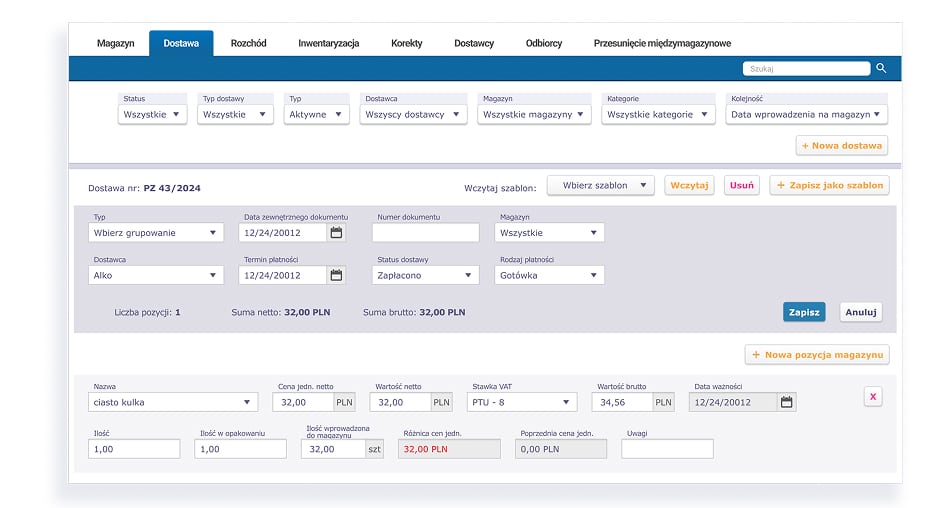 Ekran zarządzania dostawami magazynowymi w systemie POSbistro, umożliwiający kontrolę kosztów i stanów magazynowych.